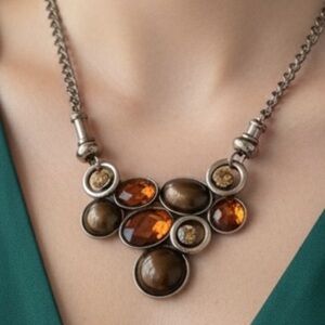Vintage 15”L Amber Toned Statement Bib Necklace - Earthy Cognac & Honey Hues